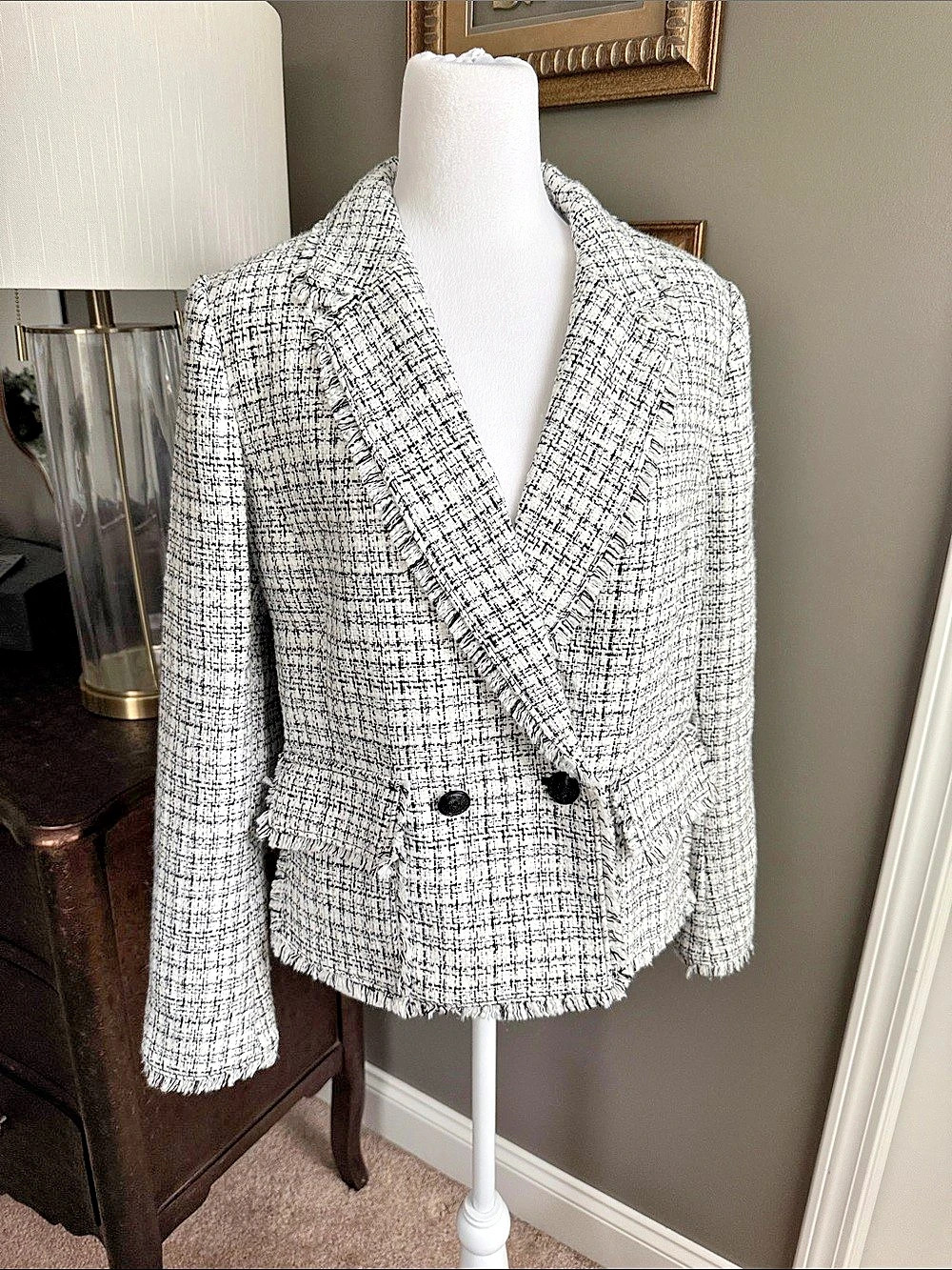 White House Black Market Black and White Tweed Double Breasted Fringe Blazer